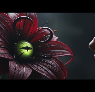 a woman with a flower in a dark room