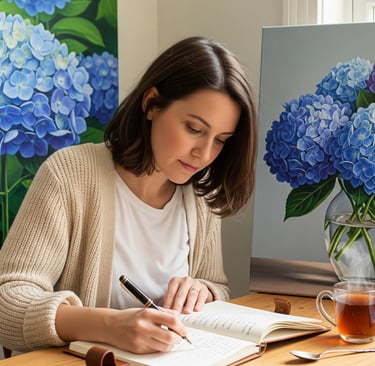 a woman is sitting at a table with a cup of coffee and a book