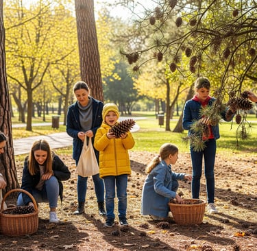 a family gathering in a park with a child in a basket