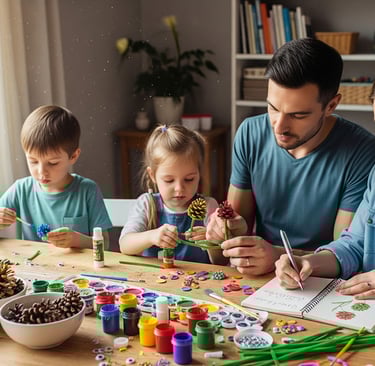 a family of three children sitting at a table