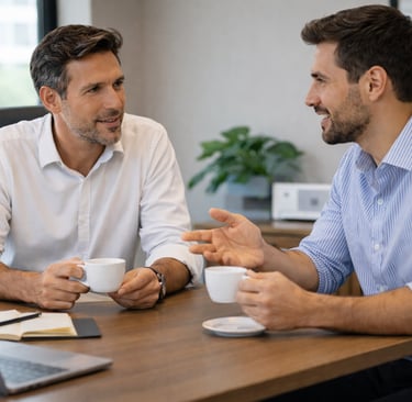Reunión inicial entre consultor y cliente para comprender contexto organizacional, café de por medio