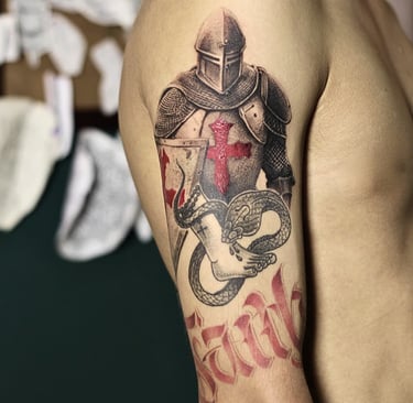 Red and black knight tattoo, realism and dotwork style, cross on chest, upper arm.