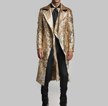 a man in a gold jacquard fabric coat and black pants