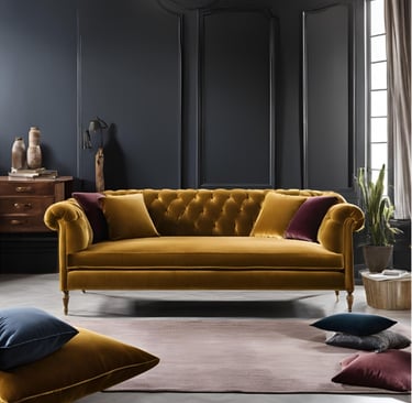 a yellow velvet couch with velvet pillows and pillows in a room