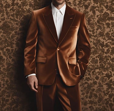 a man in a velvet suit and tie is standing in front of a wall with a