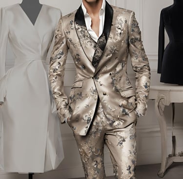 a man in a jacquard fabric suit and tie dyes a suit