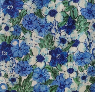 a close up of a blue and white floral print fabric