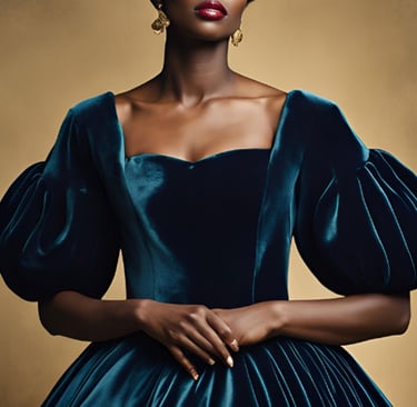 a woman in a blue velvet dress with a large headpiece