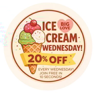 Image of an icon badge showing an ice cream cream and the text ice cream wednesday 20% off