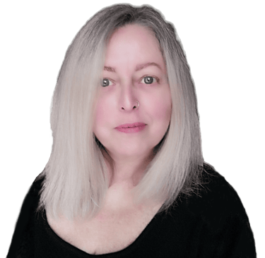 Middle-aged woman with long blonde hair and a nose ring