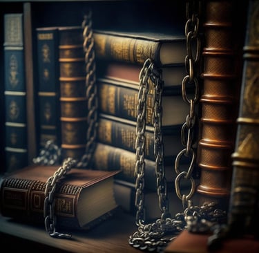 AI generated image of a stack of leatherbound books wrapped in chains