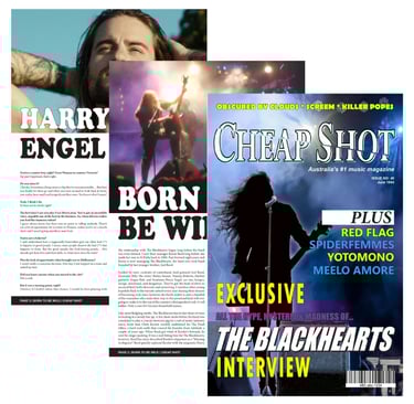 A magazine cover and two interior pages of a rock 'n' roll music magazine