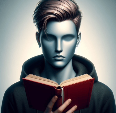 AI image of an androgenous person reading a book with a red cover