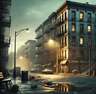 AI image of a multi-storey apartment building on a dirty street that is lit by streetlight