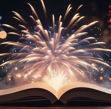 Fireworks exploding from the pages of an open book