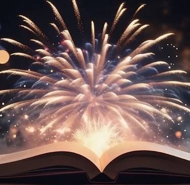 Fireworks exploding from the pages of an open book