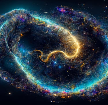 Ephemeral purple, teal, and gold gasses swirling in the blackness of space