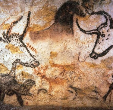 Cave paintings of horses, stags, and bison in France's Lascaux Cave