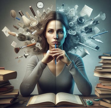 A young woman whose image is divided vertically down the middle representing two different ways of thinking
