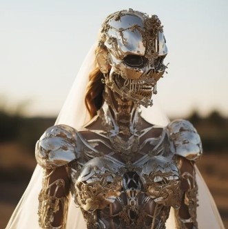 AI generated image of a female terminator type robot wearing a white veil like a bride