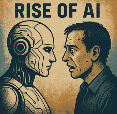 A digital illustration showing a solitary human facing an AI/robotic figure. 
