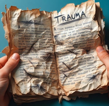 A scrunched and torn notebook held by two hands contains scribbled notes on trauma