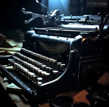 AI generated image of an ancient typewriter sitting on a desk with a natural bokeh or blur effect on the office background
