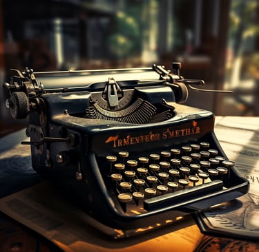 AI generated image of an ancient typewriter sitting on a desk with a natural bokeh or blur effect on the office background