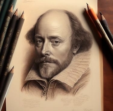 AI generated image of several pencils lying beside a drawing of William Shakespeare