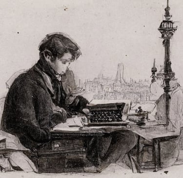 AI generated black and white line drawing of a young writer in 19th century Paris