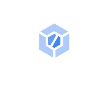 a blue and white logo with a hexagonic cube
