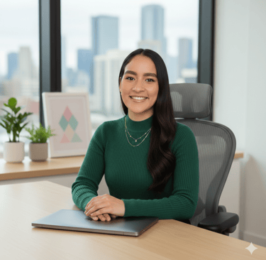 Smiling businesswoman in green sweater sitting at office desk with laptop and city skyline view.