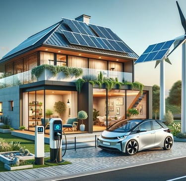 a car parked in front of a house with solar panels