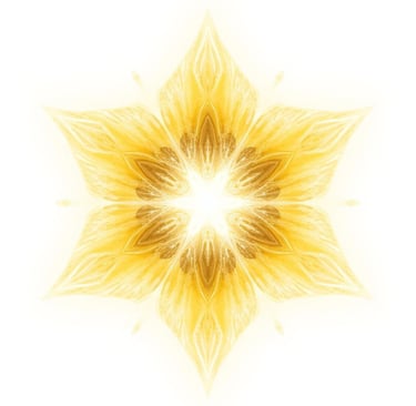 Symmetrical yellow glowing floral mandala with intricate star patterns on a white background.