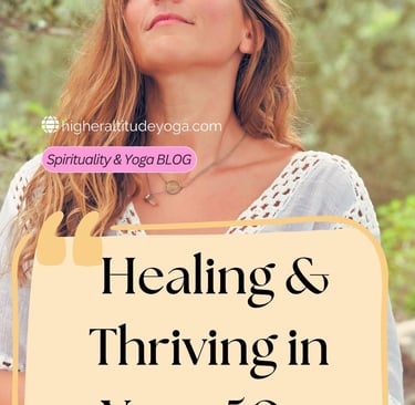 A woman practices mindful meditation outdoors for a yoga blog about healing and thriving in your 50s.