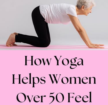 Senior woman practicing a yoga tabletop pose on a pink mat for health and wellness.