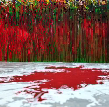 a painting of a red and green painting of a red and white background
