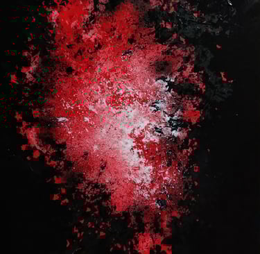 a red and black painting of a red and white paint splatter