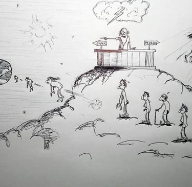 a drawing of a man standing on a hill