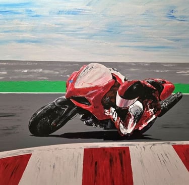 a painting of a motorcycle rider on a track
