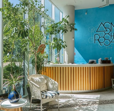 a reception area with a reception table and a reception table