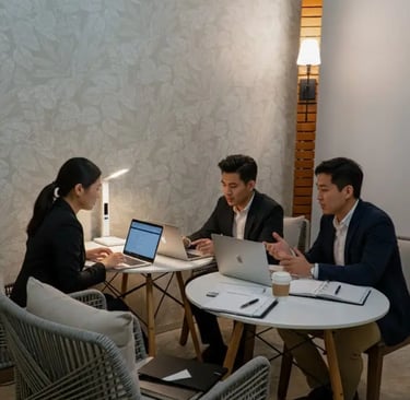 a group of people sitting around a table