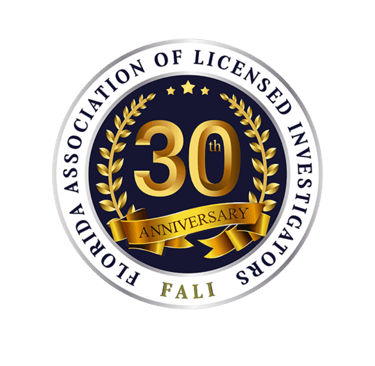 Florida Association of Licensed Investigators FALI 30th Anniversary gold seal logo on black background.
