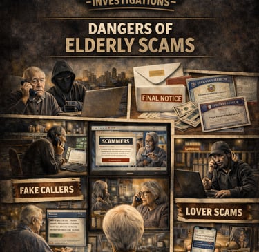 Poster illustrating dangers of elderly scams like phishing emails, fake callers, and romance fraud.