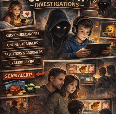Oddfellow Investigations poster highlighting kids' online dangers like cyberbullying and predators.