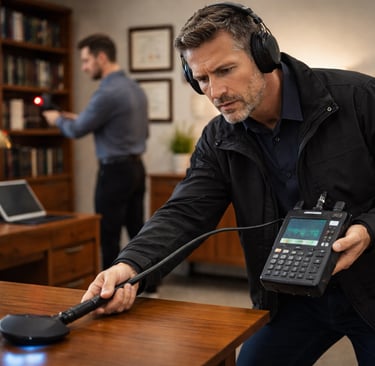 Professional TSCM technician using a bug detector to sweep an office for hidden listening devices.