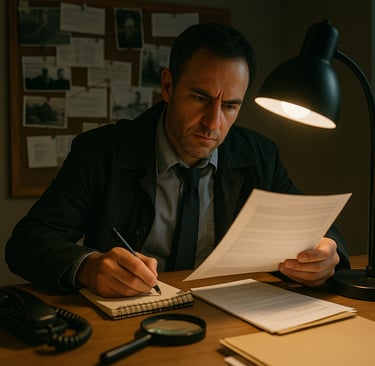 A serious detective reviews case files and takes notes at a desk under a lamp.