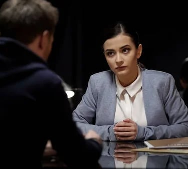 Investigator questioning a dark interview room.