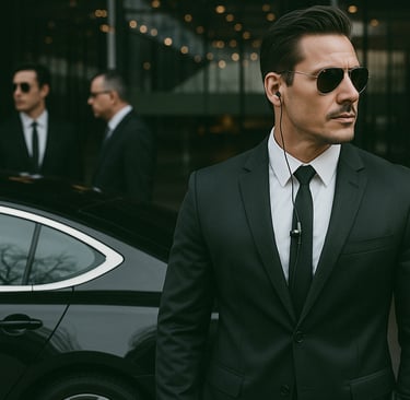 Professional bodyguard in a black suit and aviator sunglasses standing near a luxury car.