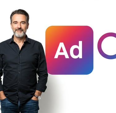 Man standing in front of search ad icon